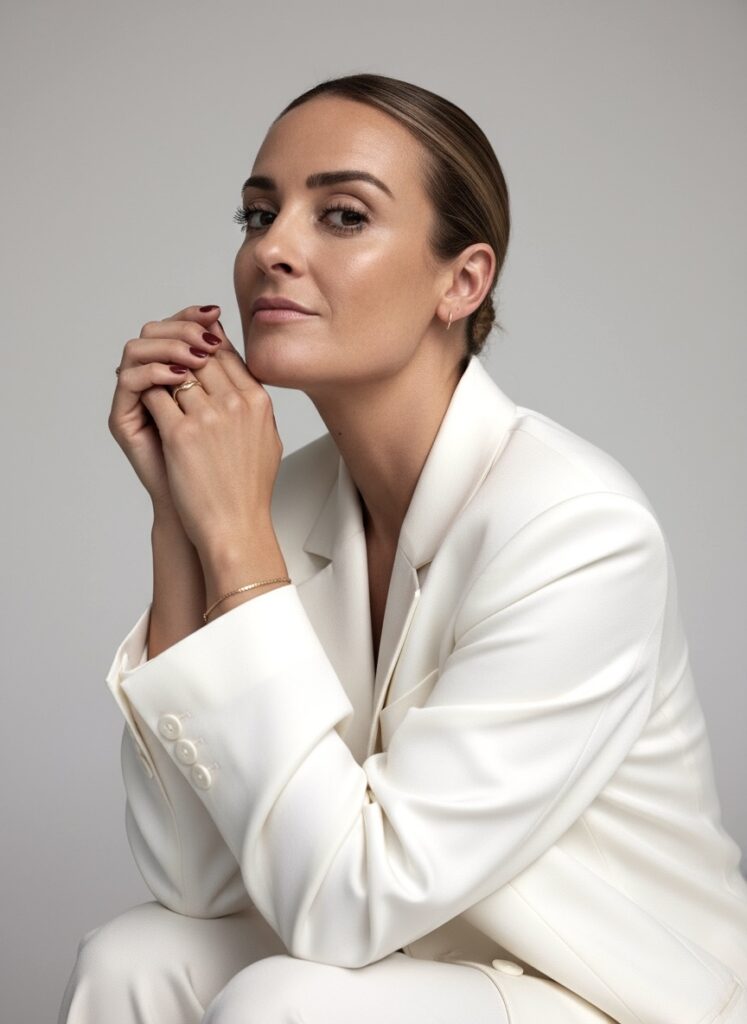 Elegantes Portrait einer Hochzeitsfotografin in heller Kleidung vor neutralem Hintergrund